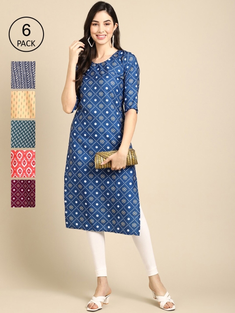 

Ethnic basket Women Pack of 6 Ethnic Motifs Crepe Kurta, Blue