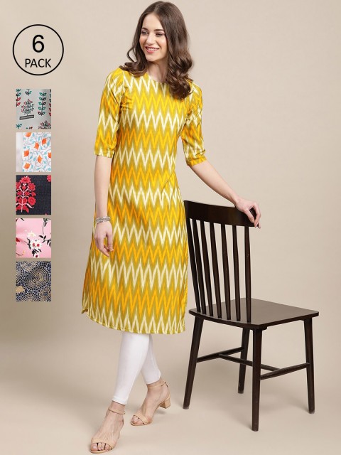 

Ethnic basket Women Pack of 6 Floral Printed Crepe Kurta, Yellow