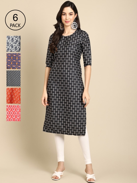 

Ethnic basket Women Pack of 6 Geometric Printed Crepe Kurta, Black