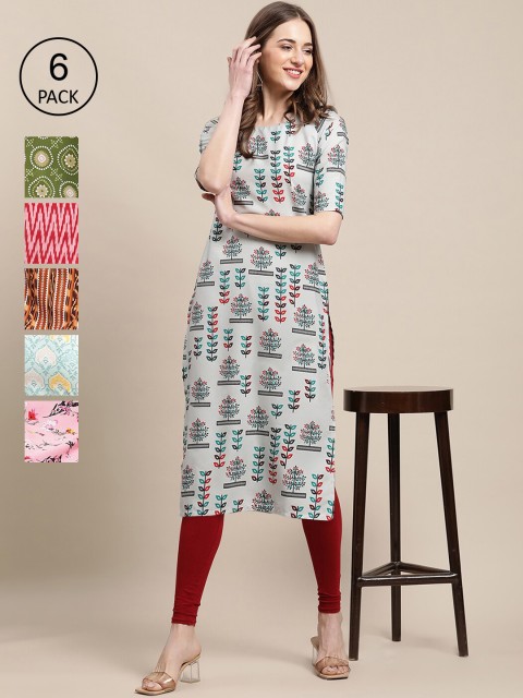

Ethnic basket Women Pack of 6 Geometric Printed Crepe Kurta, Off white