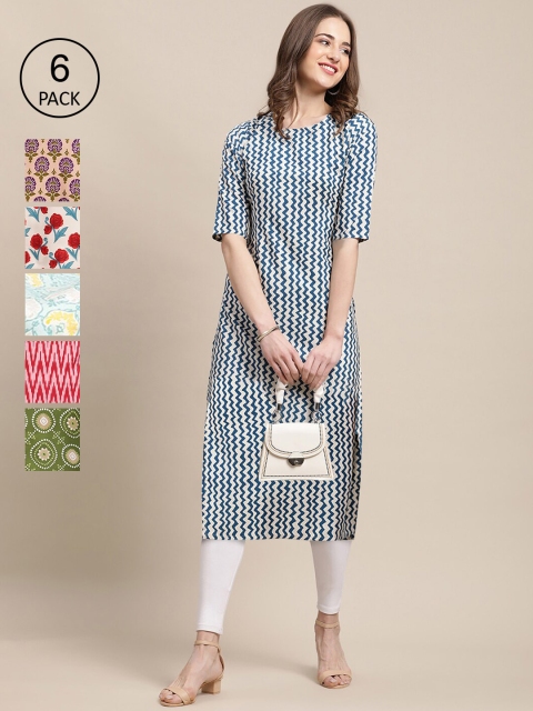 

Ethnic basket Women Pack of 6 Floral Printed Crepe Kurta, Blue