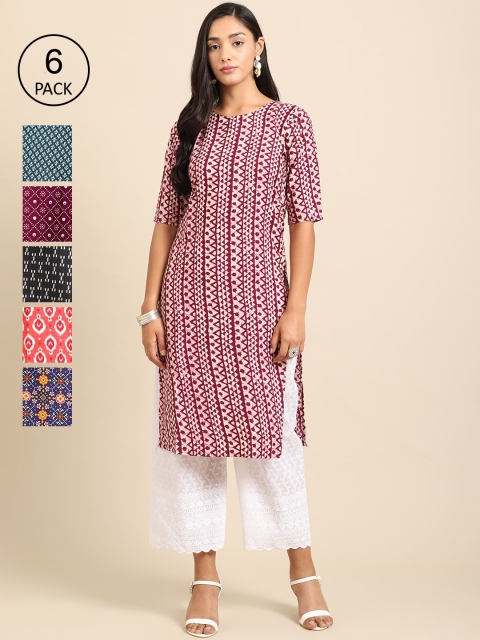 

Ethnic basket Women Pack of 6 Ethnic Motifs Printed Crepe Kurta, Red
