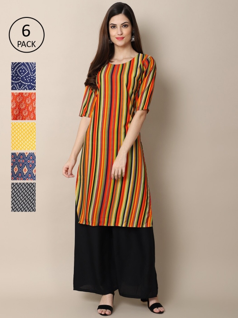 

Ethnic basket Women Pack of 6 Ethnic Motifs Printed Crepe Kurta, Blue