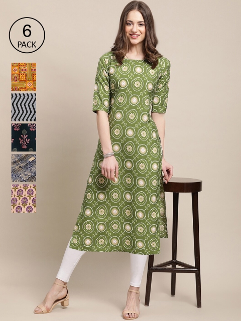 

Ethnic Basket Stylish Women's Crepe Multicolor Digital Printed Straight Kurta (Pack of 6), Multi