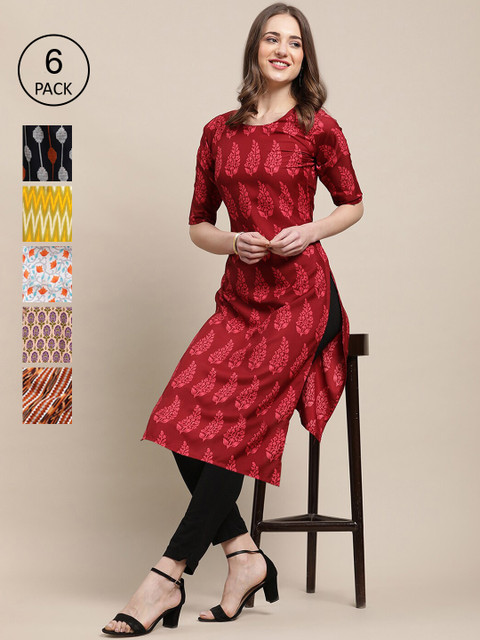 

Ethnic Basket Stylish Women's Crepe Multicolor Digital Printed Straight Kurta (Pack of 6), Multi