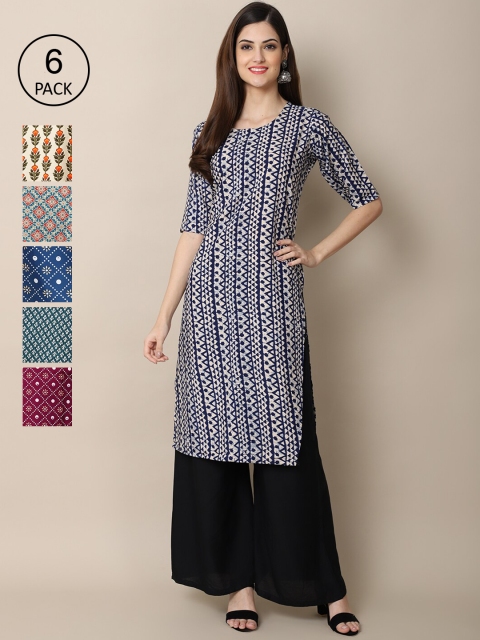 

Ethnic Basket Stylish Women's Crepe Multicolor Digital Printed Straight Kurta (Pack of 6), Multi