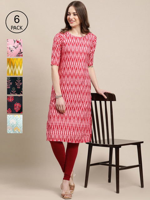 

Ethnic Basket Stylish Women's Crepe Multicolor Digital Printed Straight Kurta (Pack of 6), Multi