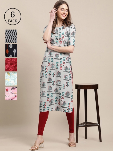 

Ethnic Basket Stylish Women's Crepe Multicolor Digital Printed Straight Kurta (Pack of 6), Multi