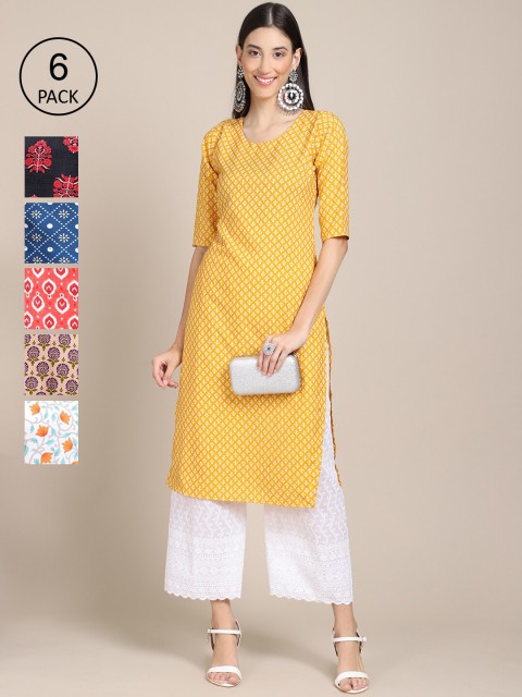 

Ethnic Basket Stylish Women's Crepe Multicolor Digital Printed Straight Kurta (Pack of 6), Multi