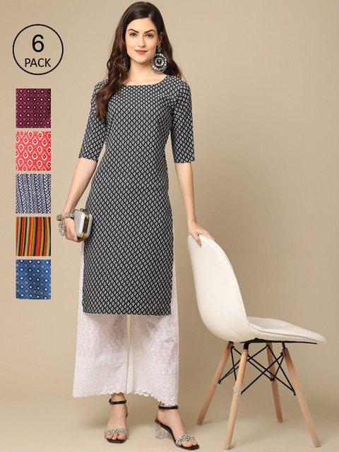

Ethnic Basket Stylish Women's Crepe Multicolor Digital Printed Straight Kurta (Pack of 6), Multi