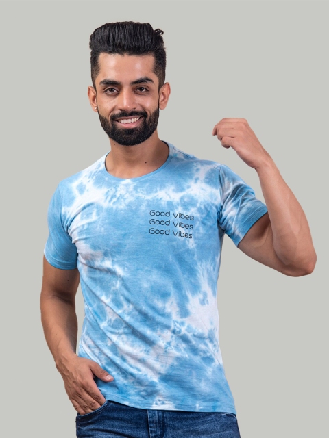

Tistabene Men Blue Printed Henley Neck Raw Edge T-shirt