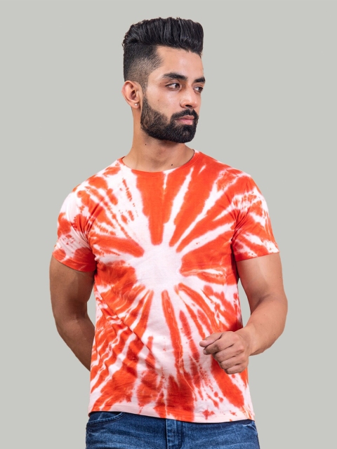 

Tistabene Men Red Tie and Dye Dyed V-Neck Raw Edge T-shirt