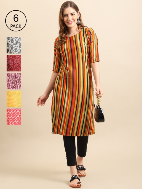 

Ethnic basket Pack of 6 Women Yellow & Peach Ethnic Motifs Printed Pure Crepe Kurta