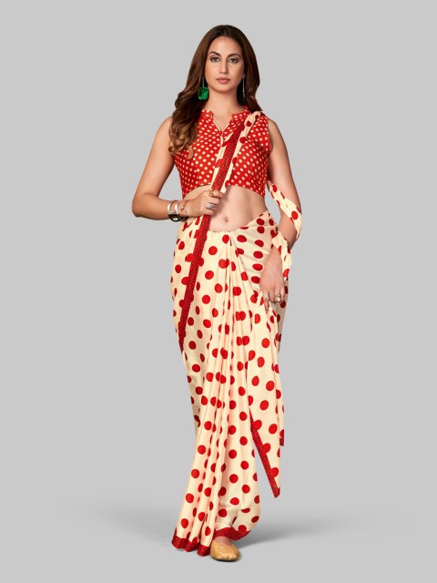 

7TH FAB Cream-Coloured & Red Polka-Dot Print Satin Saree