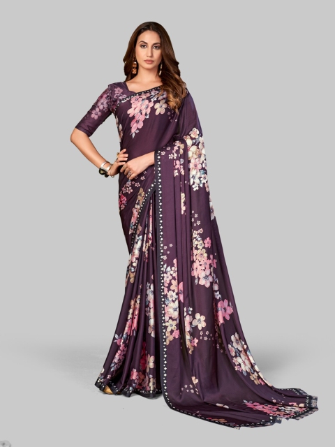 

7TH FAB Purple & Pink Floral Printed Satin Saree
