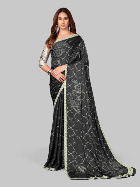 

7TH FAB Black & Off White Floral Satin Saree