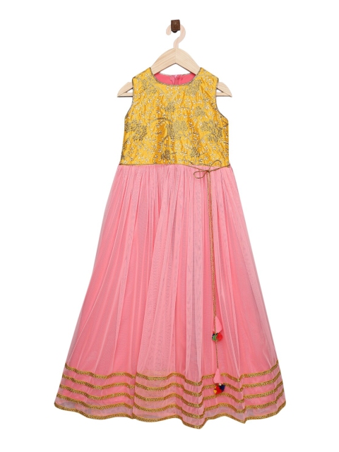 

K&U Girls Pink & Yellow Floral Yoke Design Floral Anarkali Kurta