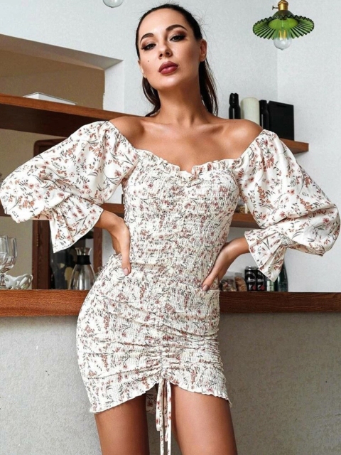 

MERCHE Peach-Coloured Off-Shoulder Sheath Dress