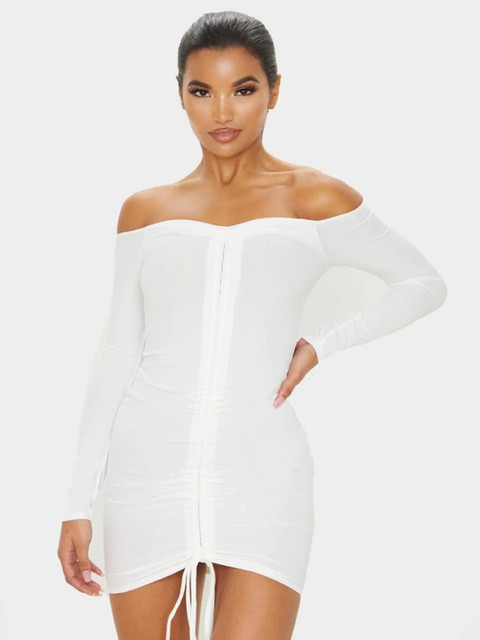 

MERCHE Women White Off-Shoulder Sheath Mini Dress