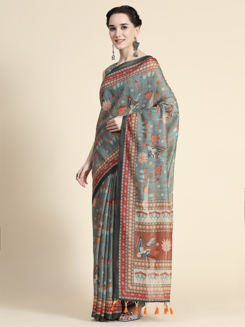 

KALANANDI Green & Coral Kalamkari Printed Saree