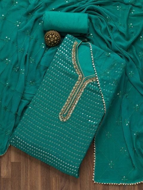 

Koskii Teal & Gold-Toned Embroidered Unstitched Dress Material