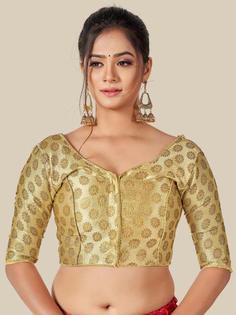 

HIMRISE Plus Size Gold-Coloured Woven Design Readymade Saree Blouse