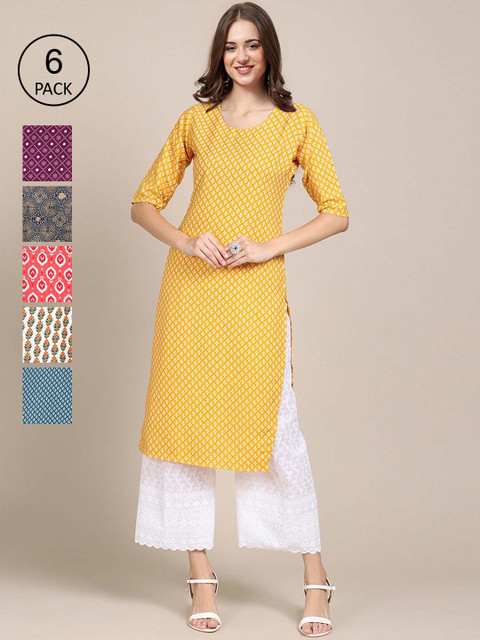 

KALINI Pack of 6 Women Yellow & Magenta Floral Printed Summer Sheers Crepe Kurta