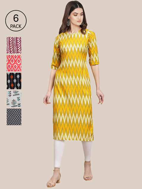 

KALINI 6 Women Multicoloured Geometric Printed Crepe Kurta, Multi