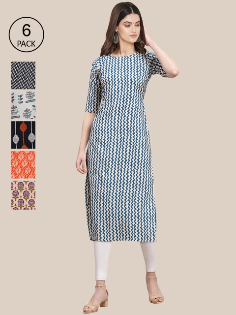 

KALINI Women Pack of 6 Digital Printed Crepe Straight Kurtas, Black