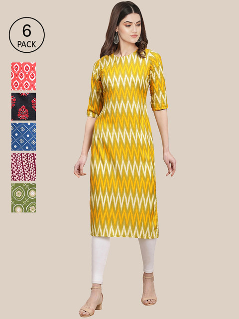 

KALINI Women Pack of 6 Digital Printed Crepe Straight Kurtas, Yellow