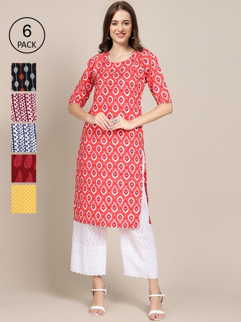 

KALINI Women Pink & Black Pack Of 6 Geometric Printed Summer Sheers Crepe Kurta
