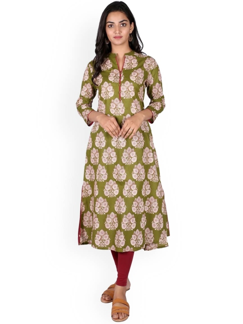 

SUTI Women Green & Cream-Coloured Ethnic Motifs Cotton Printed Kurta