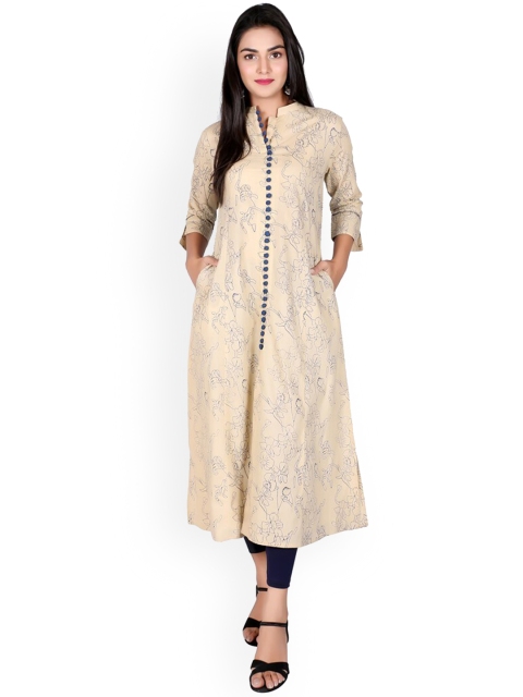 

SUTI Women Cream-Coloured & Blue Floral Printed Cotton Kurta
