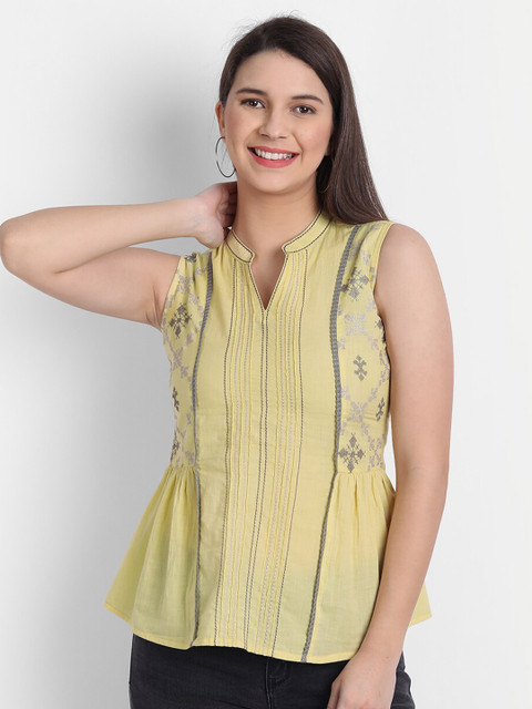 

HK colours of fashion Yellow Mandarin Collar Peplum Top