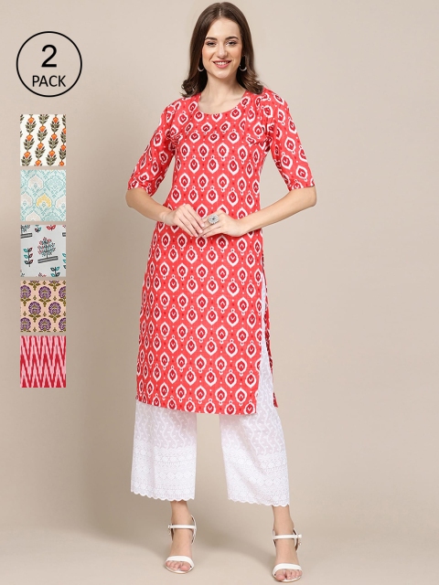

1 Stop Fashion Women Pack of 6 Digital Printed Crepe Straight Kurtas, Red