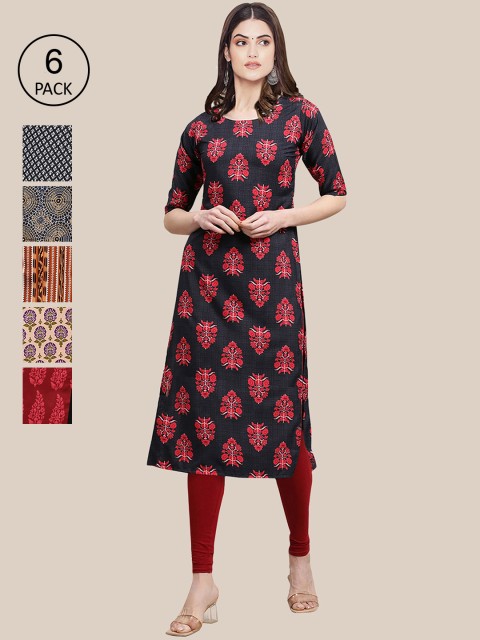 

1 Stop Fashion Pack Of 6 Women Printed Straight Crepe Kurta, Navy blue