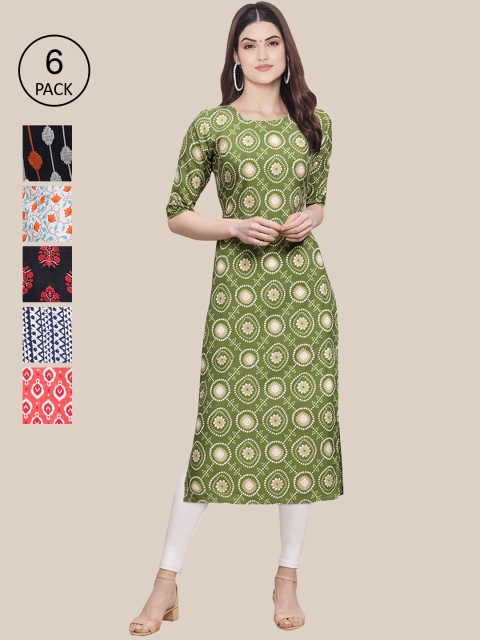 

1 Stop Fashion Pack Of 6 Women Printed Straight Crepe Kurta, White