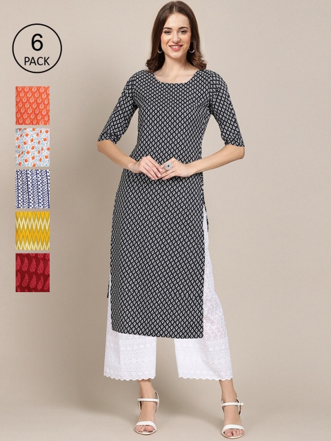 

1 Stop Fashion Women Pack of 6 Ethnic Motifs Printed Crepe Kurta, Multi