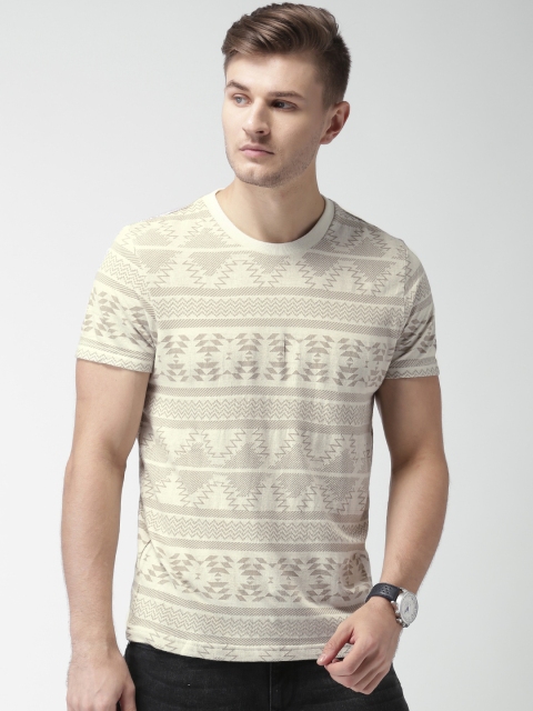 

Aeropostale Men Cream-Coloured & Brown Printed Round Neck T-shirt