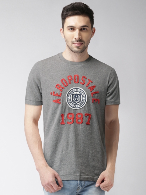

Aeropostale Men Grey Melange Self-Design Round Neck T-shirt