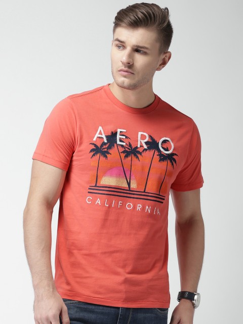 

Aeropostale Men Coral Orange Printed Round Neck T-shirt