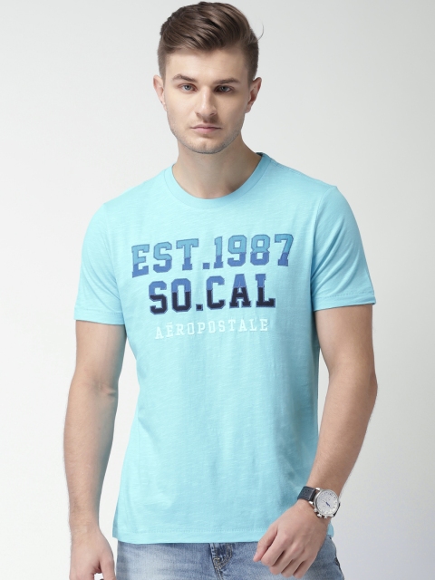 

Aeropostale Men Turquoise Blue Self-Design Round Neck T-shirt