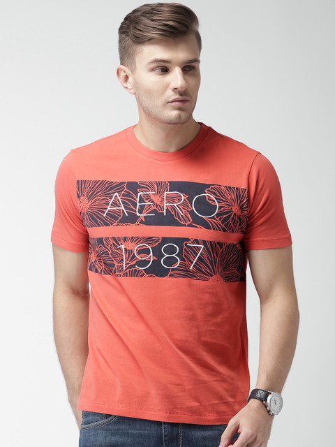 

Aeropostale Men Coral Orange Printed Round Neck T-shirt