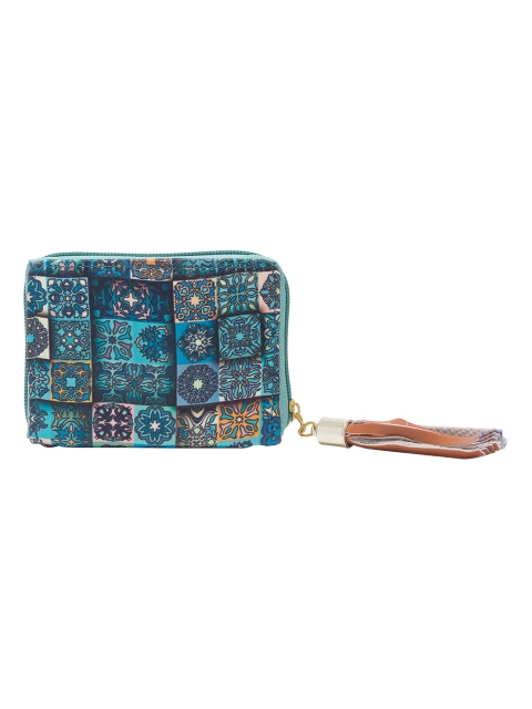 

Golden Peacock Women Blue & White Geometric Printed Zip Around Wallet