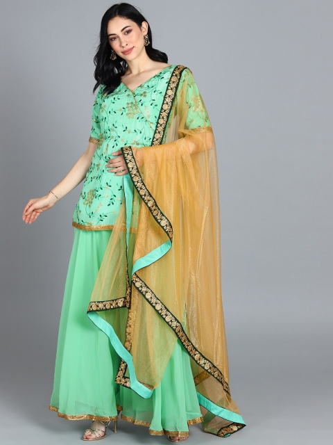 

EthnoVogue Women Green Embroidered Kurti with Sharara & With Dupatta
