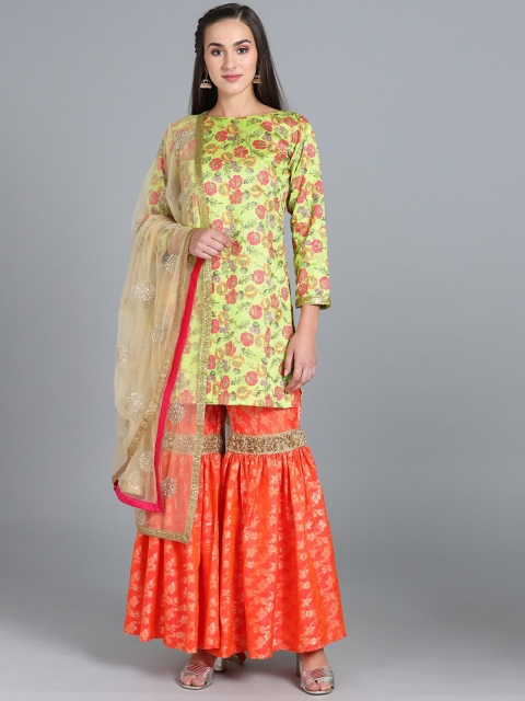 

EthnoVogue Women Green Floral Kurta with Sharara & With Dupatta