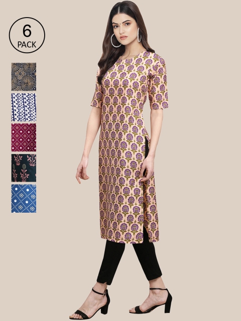 

KALINI Women Pack Of 6 Floral Printed Summer Sheers Crepe Kurtas, Maroon
