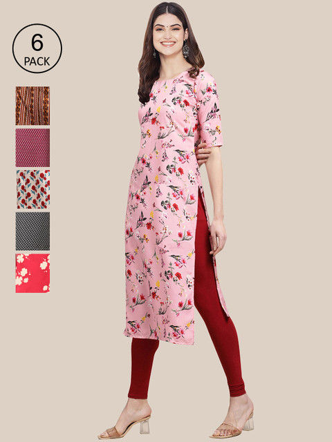 

KALINI Women Pack Of 6 Printed Crepe Straight Kurta, Red