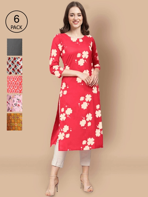 

KALINI Pack Of 6 Women Printed Crepe Kurta, Red