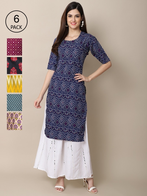 

KALINI Women Pack Of 6 Geometric Printed Summer Sheers Crepe Kurtas, Blue